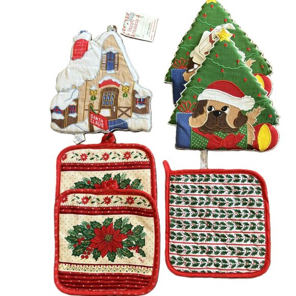 Bundle of 6 Vintage Christmas Hot Pads Pot Holders New NWT Puppy Tree House - Picture 1 of 5